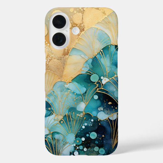 Abstracte iPhone Case Turquoise Golven met Goud (Achterkant)