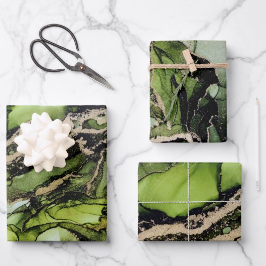 Abstracte Jade Green Black Gold Alcohol Inkt Inpakpapier Vel (Voorkant)