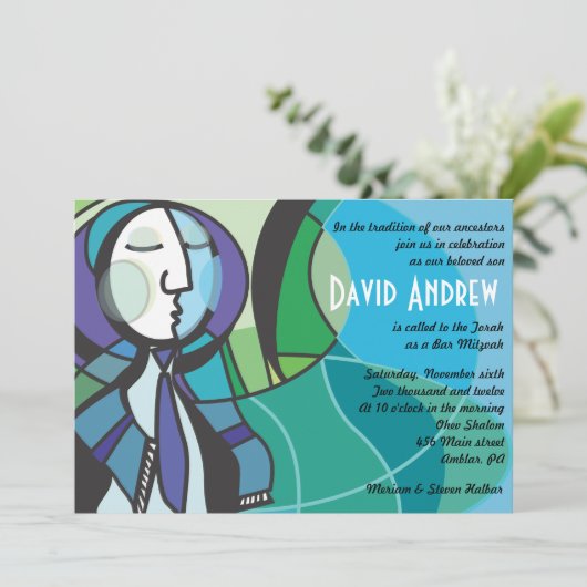 Abstracte jongen met uitnodiging van Tallis Bar Mi (Staand voorkant)