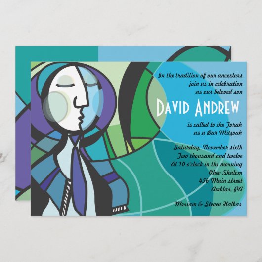 Abstracte jongen met uitnodiging van Tallis Bar Mi (Voorkant / Achterkant)