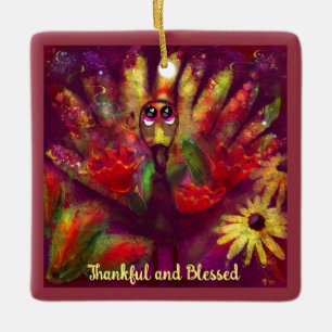 Abstracte kalkoen vogel bloemenrood geel grillig keramisch ornament