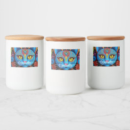 Abstracte kat met gele ogen voedselcontainer etiket
