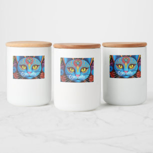 Abstracte kat met gele ogen voedselcontainer etiket