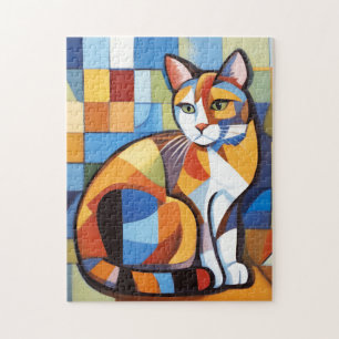 Abstracte katachtige schoonheid calico kat kubist legpuzzel