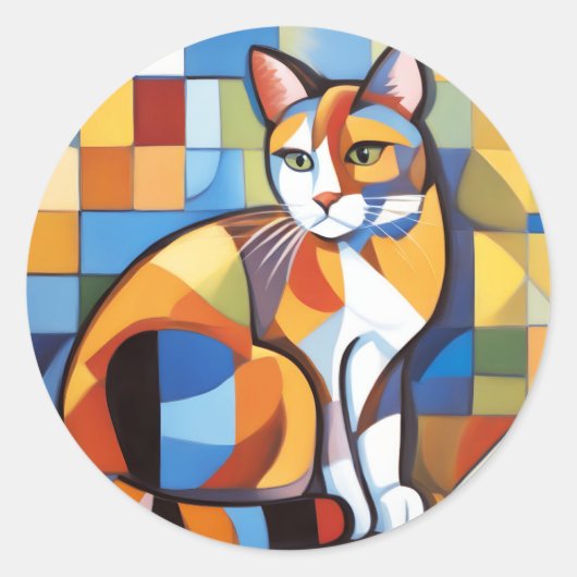 Abstracte katachtige schoonheid calico kat kubist ronde sticker (Voorkant)