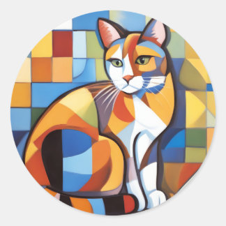 Abstracte katachtige schoonheid calico kat kubist ronde sticker