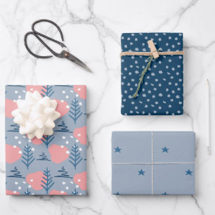 Abstracte kerstblauwe roze sterren Snowflakes Pine Inpakpapier Vel