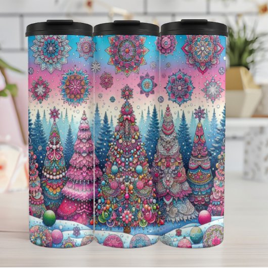 Abstracte kerstboom in de sneeuw thermosbeker