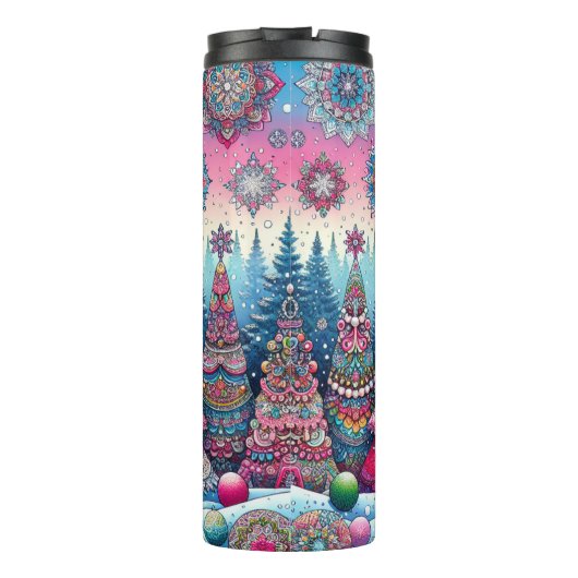 Abstracte kerstboom in de sneeuw thermosbeker (Achterkant)