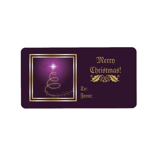 Abstracte kerstboom op gloeiend paarse label (Voorkant)