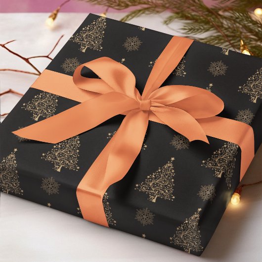 Abstracte Kerstboom Sneeuwvlok Zwarte Achtergrond Cadeaupapier