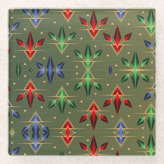 Abstracte kerststerren Groen, Rood, Blauw Glazen Onderzetter (Voorkant)