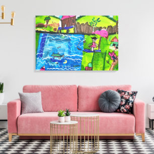 Abstracte kindertekening: Fun aan het zwembad Canvas Afdruk