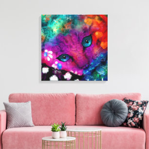 Abstracte Kitty Cat Paarse Oranje Groen Zwart Wit Canvas Afdruk