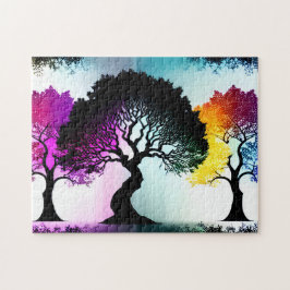 Abstracte kleur Splashes op Silhouette Black Trees Legpuzzel