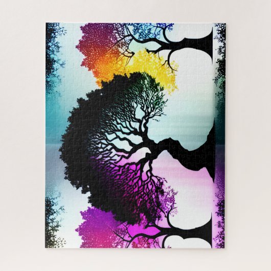 Abstracte kleur Splashes op Silhouette Black Trees Legpuzzel (Verticaal)