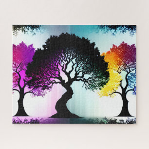 Abstracte kleur Splashes op Silhouette Black Trees Legpuzzel