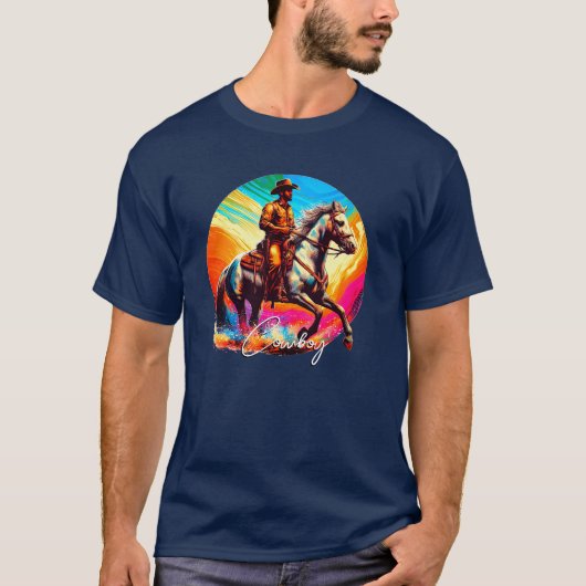 Abstracte Kleuren Cowboy en Paard T-shirt (Voorkant)