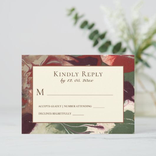 Abstracte kleuren Rode groene Paarse gouden bruilo RSVP Kaartje (Staand voorkant)