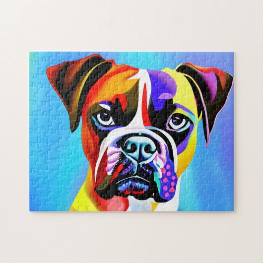 Abstracte kleurrijke Boxer-hond op een blauwe acht Legpuzzel (Horizontaal)
