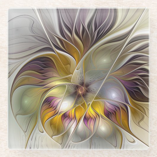 Abstracte kleurrijke Fantasy Flower Modern Fractal Glazen Onderzetter (Voorkant)