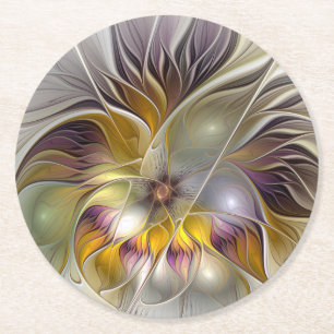Abstracte kleurrijke Fantasy Flower Modern Fractal Ronde Kartonnen Onderzetter