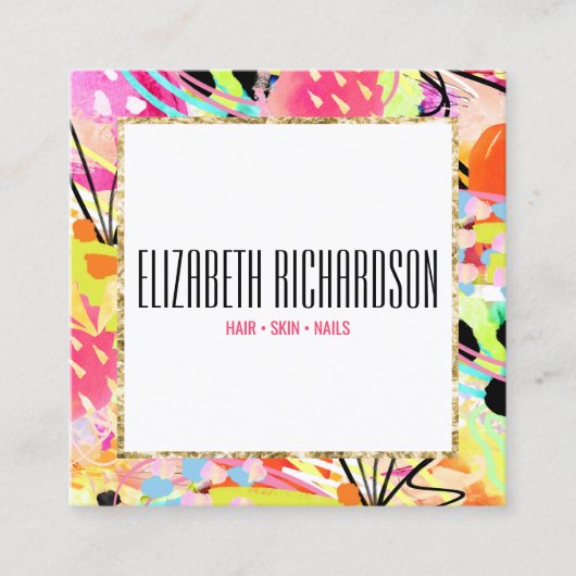 Abstracte kleurrijke gewaagde levendige chique mod vierkante visitekaartje (Voorkant)