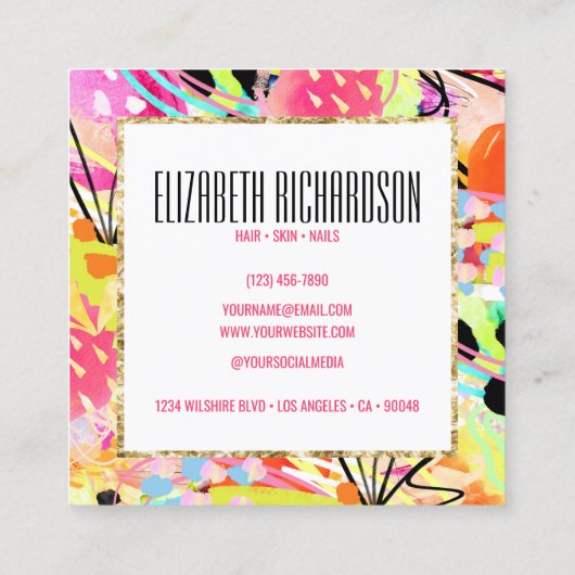 Abstracte kleurrijke gewaagde levendige chique mod vierkante visitekaartje (Achterkant)
