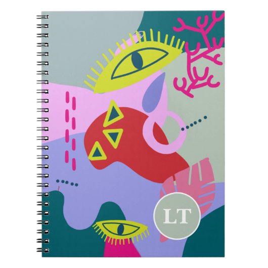 Abstracte kleurrijke groene rode ogen trendy monog notitieboek (Voorkant)