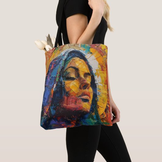 Abstracte kleurrijke Heilige Maria Tote Bag (Dichtbij)