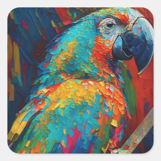 Abstracte kleurrijke papegaai vierkante sticker (Voorkant)