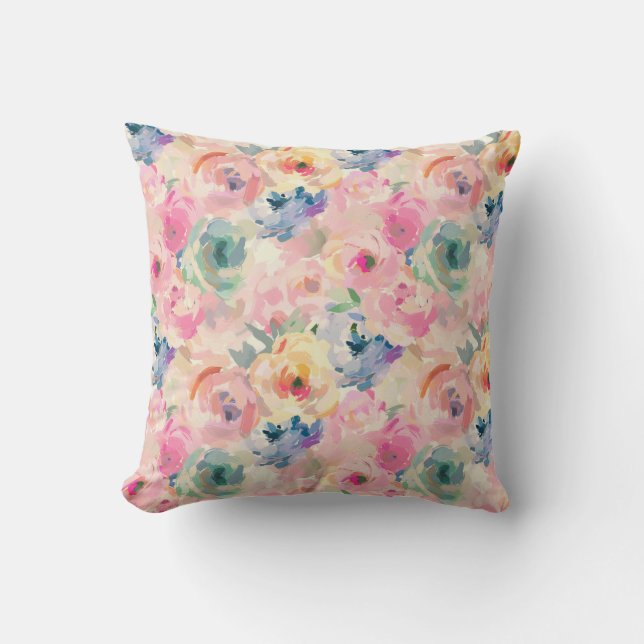Abstracte kleurrijke pastelbloemen bloemenpatroon kussen (Voorkant)