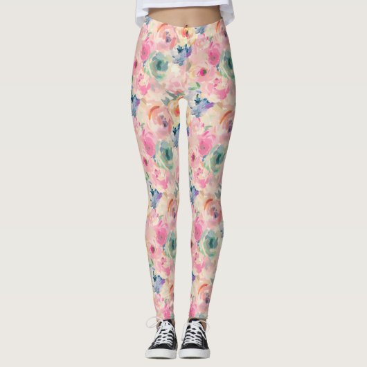 Abstracte kleurrijke pastelbloemen bloemenpatroon leggings (Voorkant)