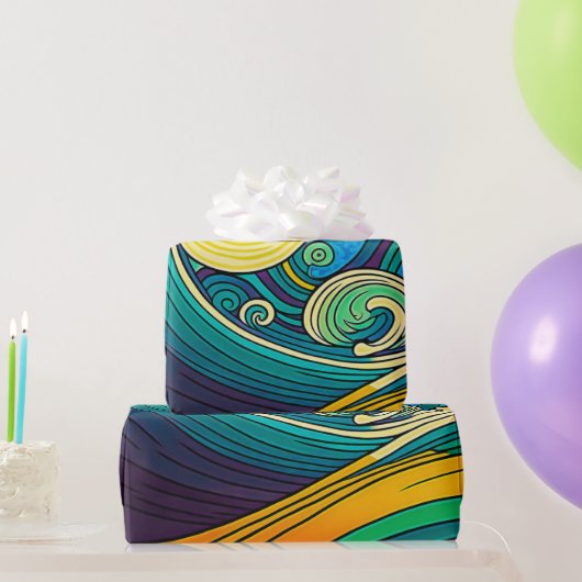 Abstracte kleurrijke Retro 70s Hippie Waves Artwor Cadeaupapier (Feestgeschenken)