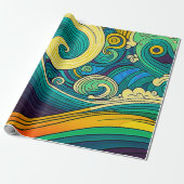 Abstracte kleurrijke Retro 70s Hippie Waves Artwor Cadeaupapier (Uitgerold)