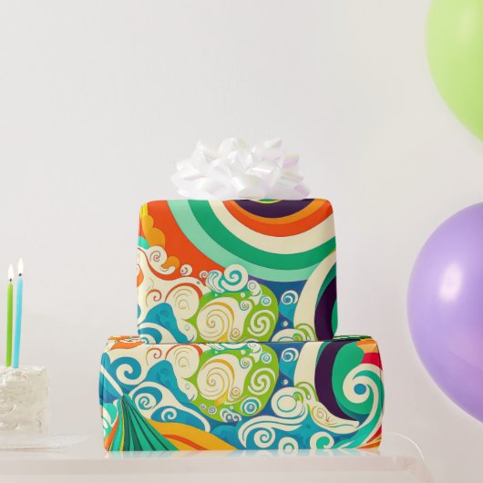 Abstracte kleurrijke Retro 70s Hippie Waves Artwor Cadeaupapier (Feestgeschenken)