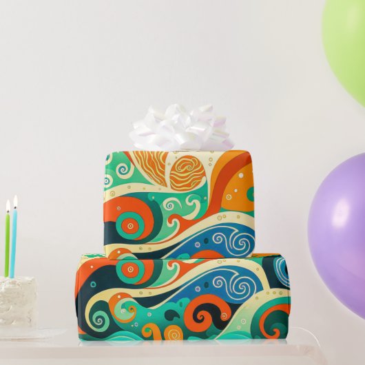 Abstracte kleurrijke Retro 70s Hippie Waves Artwor Cadeaupapier (Feestgeschenken)