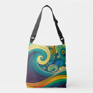 Abstracte kleurrijke Retro 70s Hippie Waves Artwor Crossbody Tas