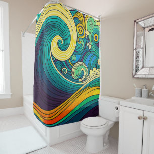 Abstracte kleurrijke Retro 70s Hippie Waves Artwor Douchegordijn