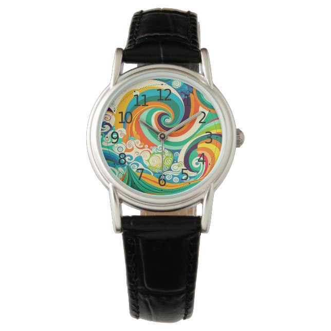 Abstracte kleurrijke Retro 70s Hippie Waves Artwor Horloge (Voorkant)