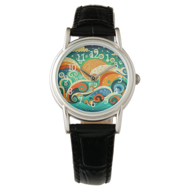 Abstracte kleurrijke Retro 70s Hippie Waves Artwor Horloge (Voorkant)