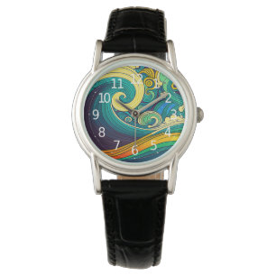 Abstracte kleurrijke Retro 70s Hippie Waves Artwor Horloge