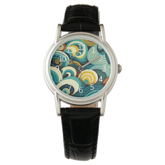 Abstracte kleurrijke Retro 70s Hippie Waves Artwor Horloge (Voorkant)