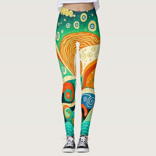 Abstracte kleurrijke Retro 70s Hippie Waves Artwor Leggings (Voorkant)