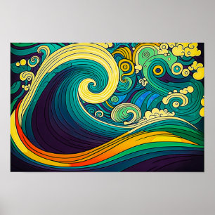 Abstracte kleurrijke Retro 70s Hippie Waves Artwor Poster