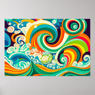 Abstracte kleurrijke Retro 70s Hippie Waves Artwor Poster
