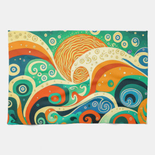 Abstracte kleurrijke Retro 70s Hippie Waves Artwor Theedoek