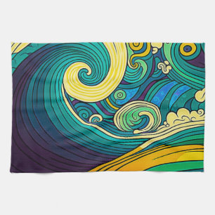 Abstracte kleurrijke Retro 70s Hippie Waves Artwor Theedoek