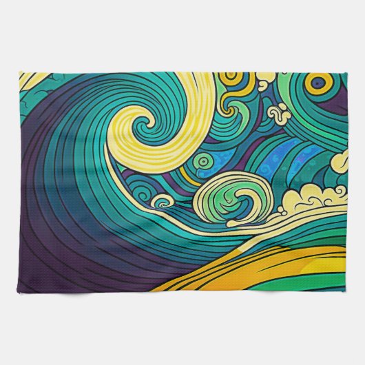 Abstracte kleurrijke Retro 70s Hippie Waves Artwor Theedoek (Horizontaal)