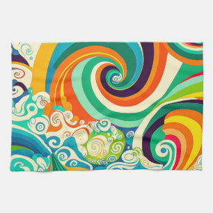 Abstracte kleurrijke Retro 70s Hippie Waves Artwor Theedoek